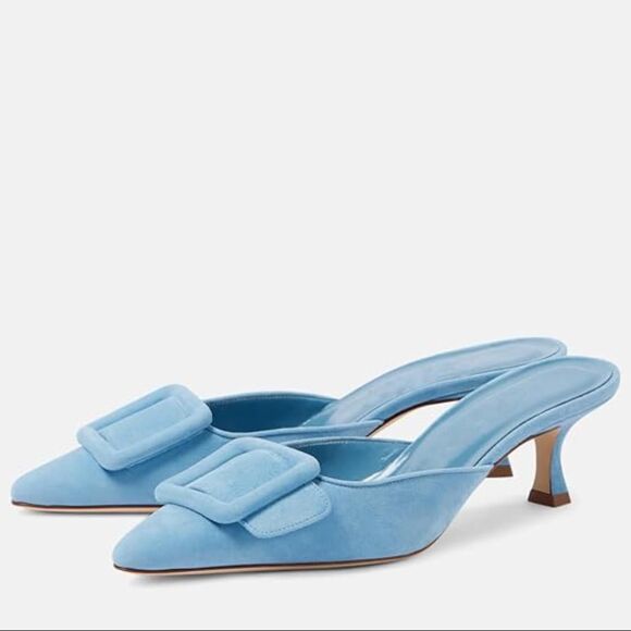 Shoes - NEW Glam Coquette Powder Blue Faux Suede Buckle Pointy Kitten Heels US 8.5